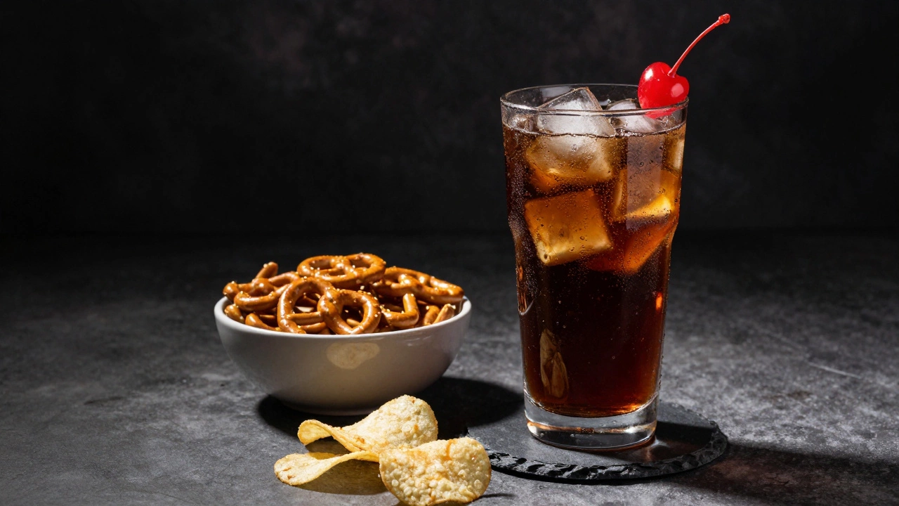 Roy Rogers drink paired with salty pretzels and chips on a dark slate coaster.