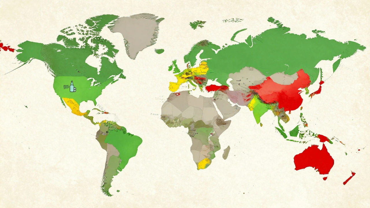 Stylized world map illustrating varying global laws on home alcohol distillation
