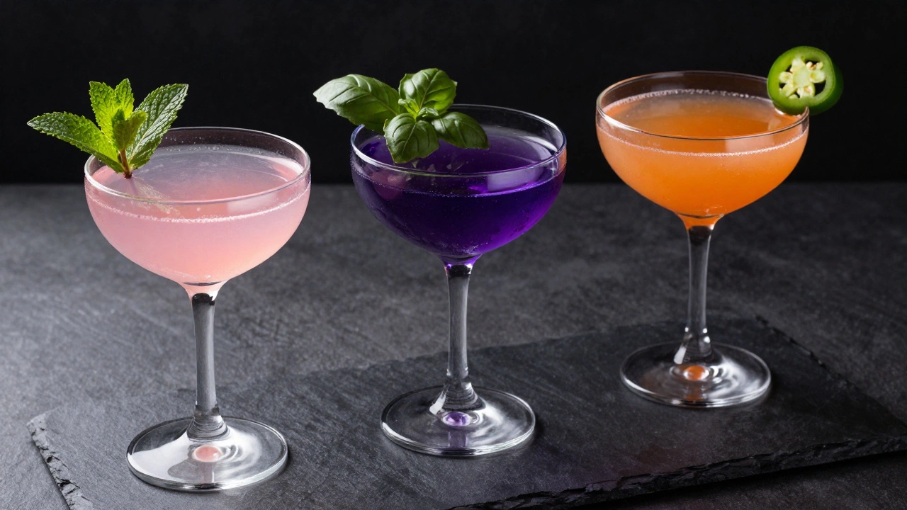 Three colorful Cosmo variations: Elderflower, Blackberry Basil, Spicy Mango