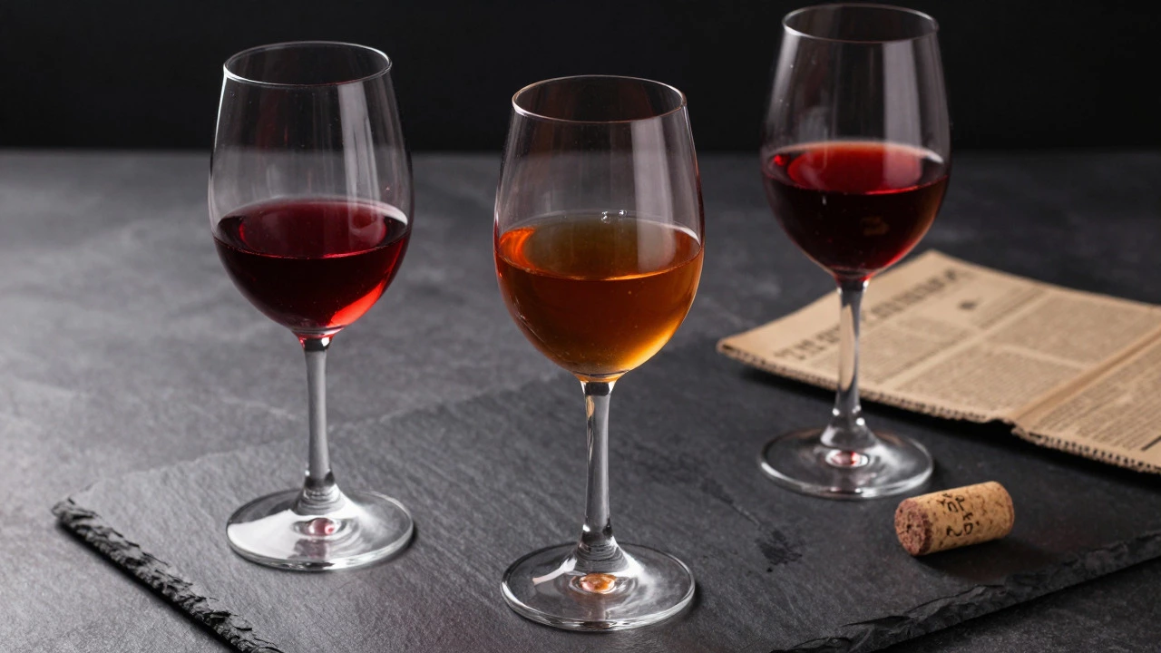 Three wine glasses showing perfect, oxidized, and corked wine faults on a dark surface.