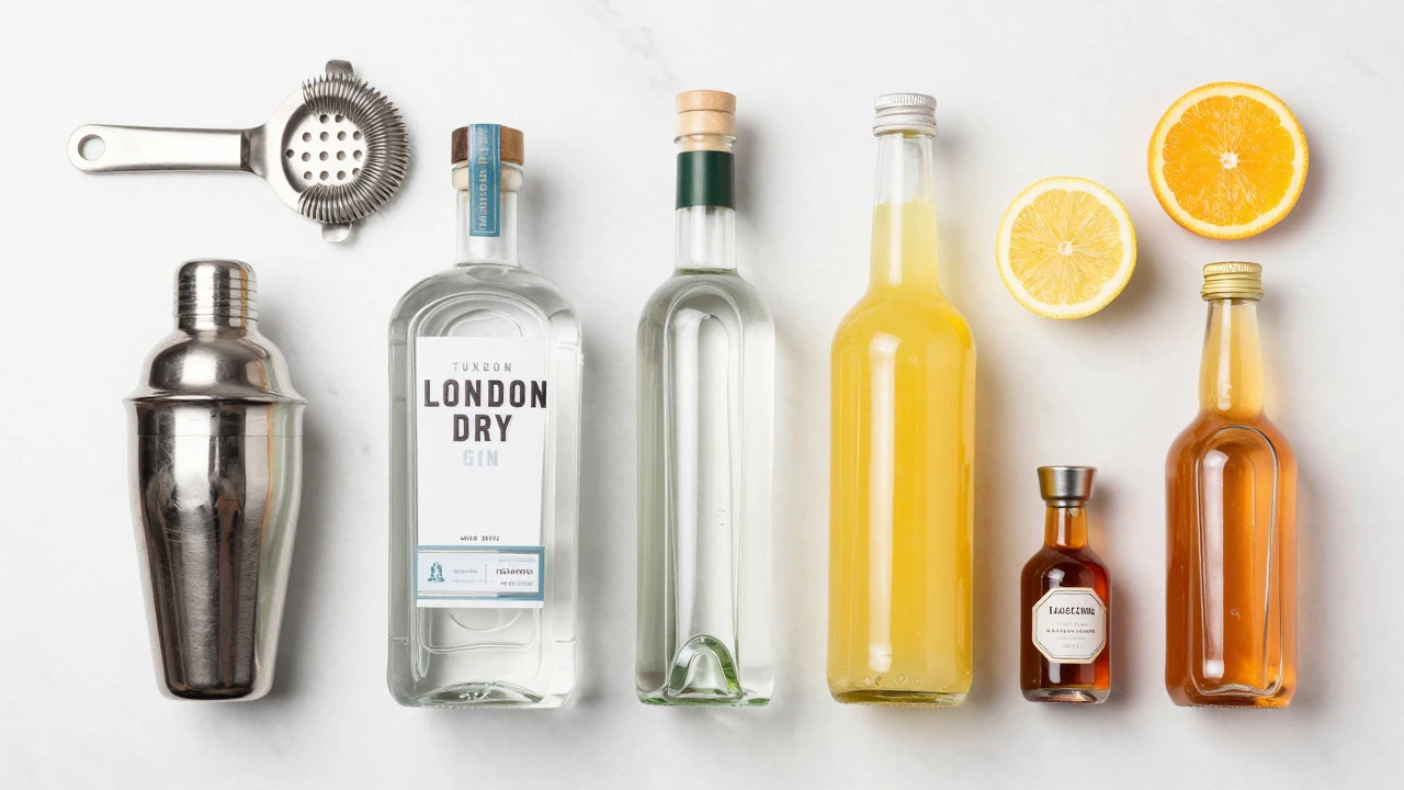 Top-down view of Tuxedo cocktail ingredients and bar tools on marble