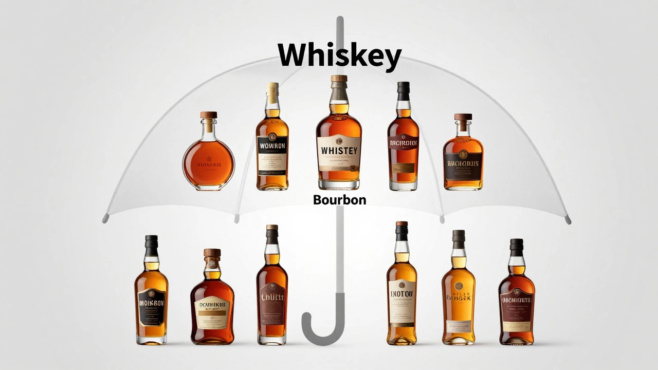Visual metaphor showing bourbon as a specific type within the broader whiskey category