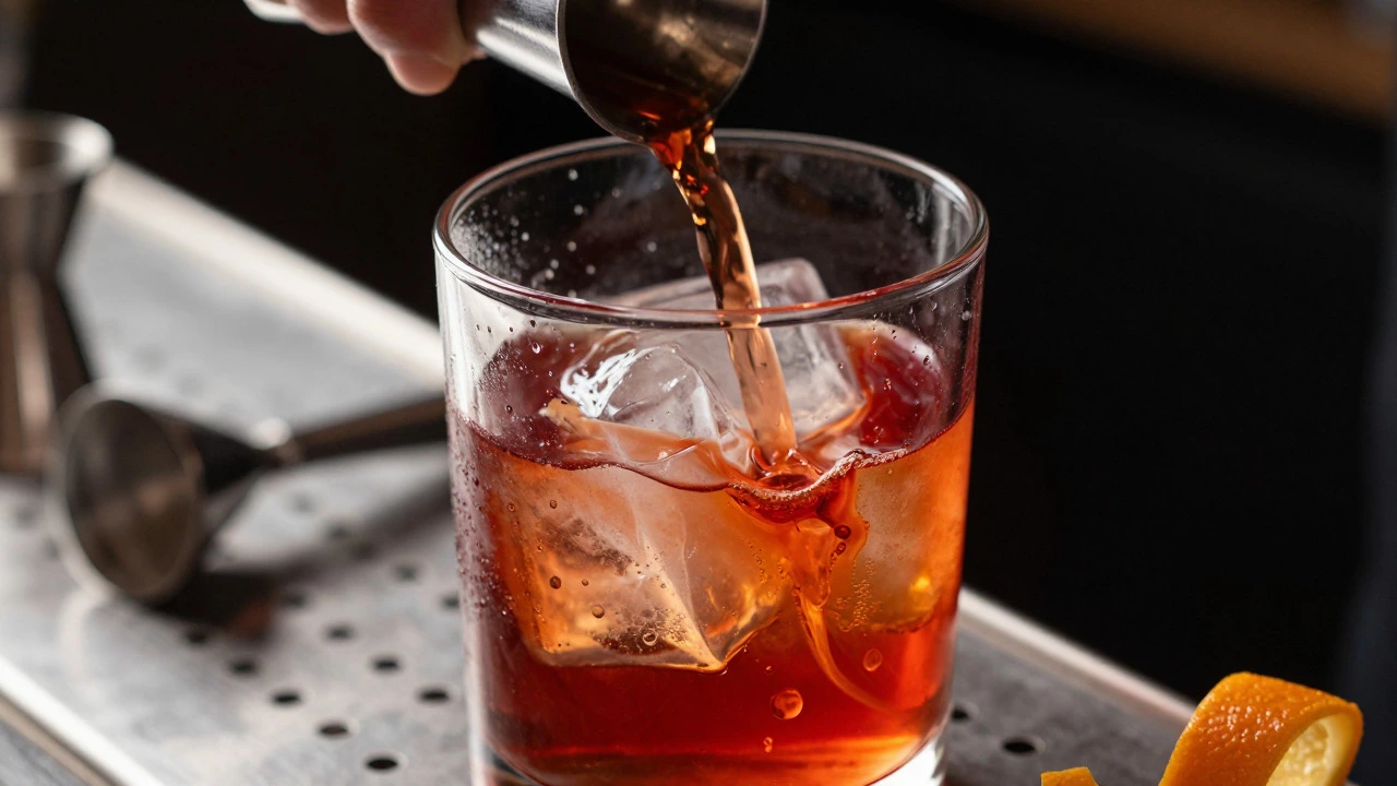 Bartender pouring ingredients for a Negroni into a mixing glass with ice