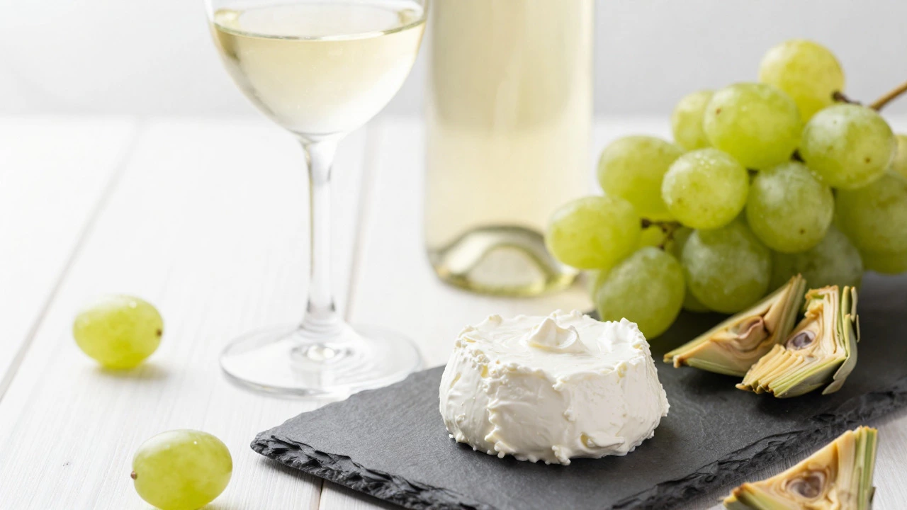 Chilled white wine paired with goat cheese and fresh grapes