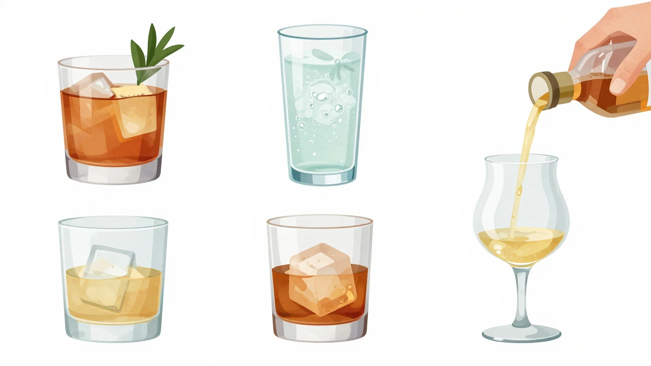 Editorial illustration showing four stages of learning to taste spirits