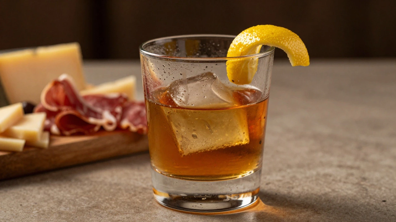 Finished Tequila Sazerac cocktail with lemon garnish