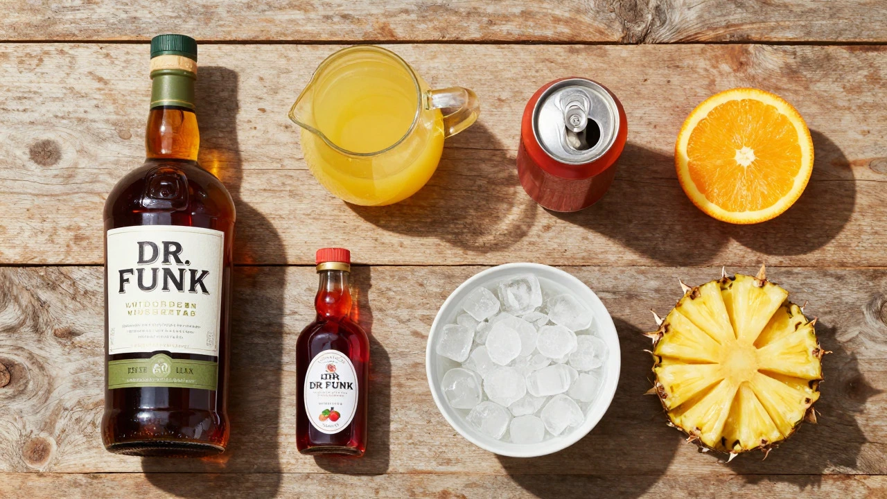 Flat lay of dark rum, pineapple juice, grenadine, and cola ingredients
