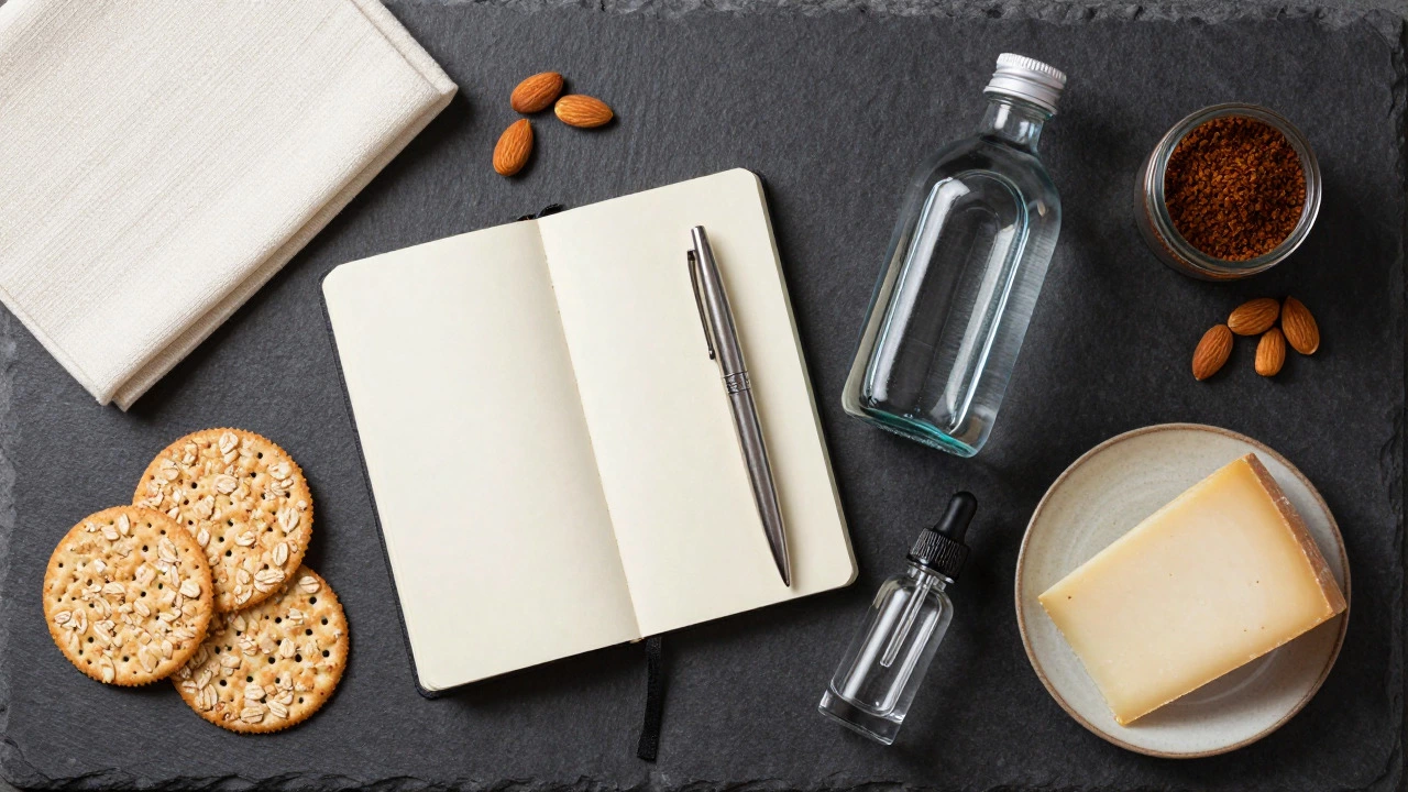 Flat lay of whiskey tasting kit with notebook, water, and snacks