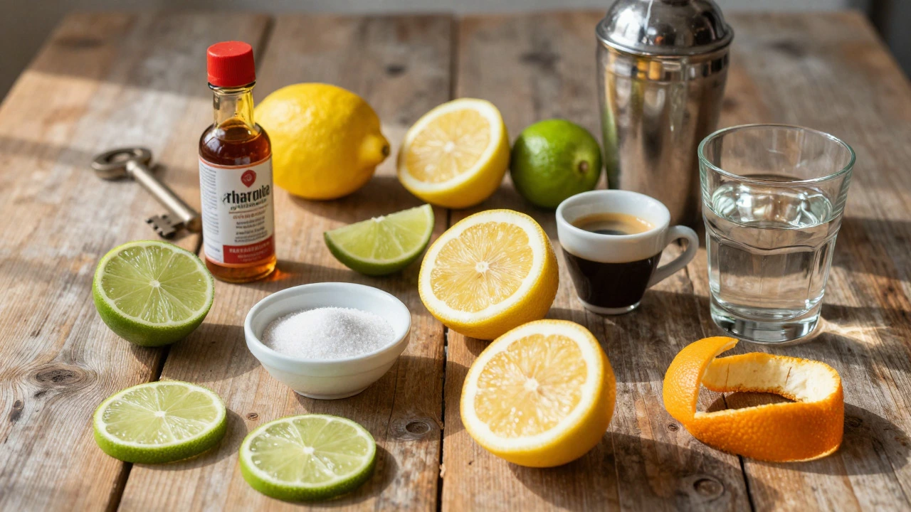 Fresh citrus fruits, sugar, and espresso arranged as cocktail ingredients on a wooden table