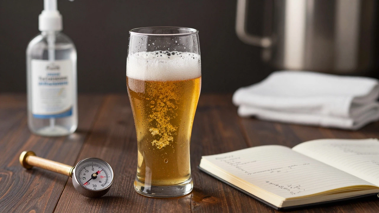 Freshly poured homemade beer with hydrometer