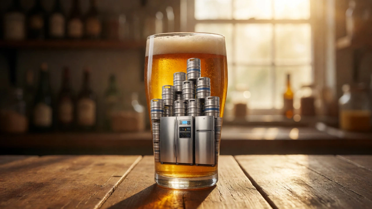 Glass of beer reflecting a stack of brewing equipment, symbolizing hidden costs.