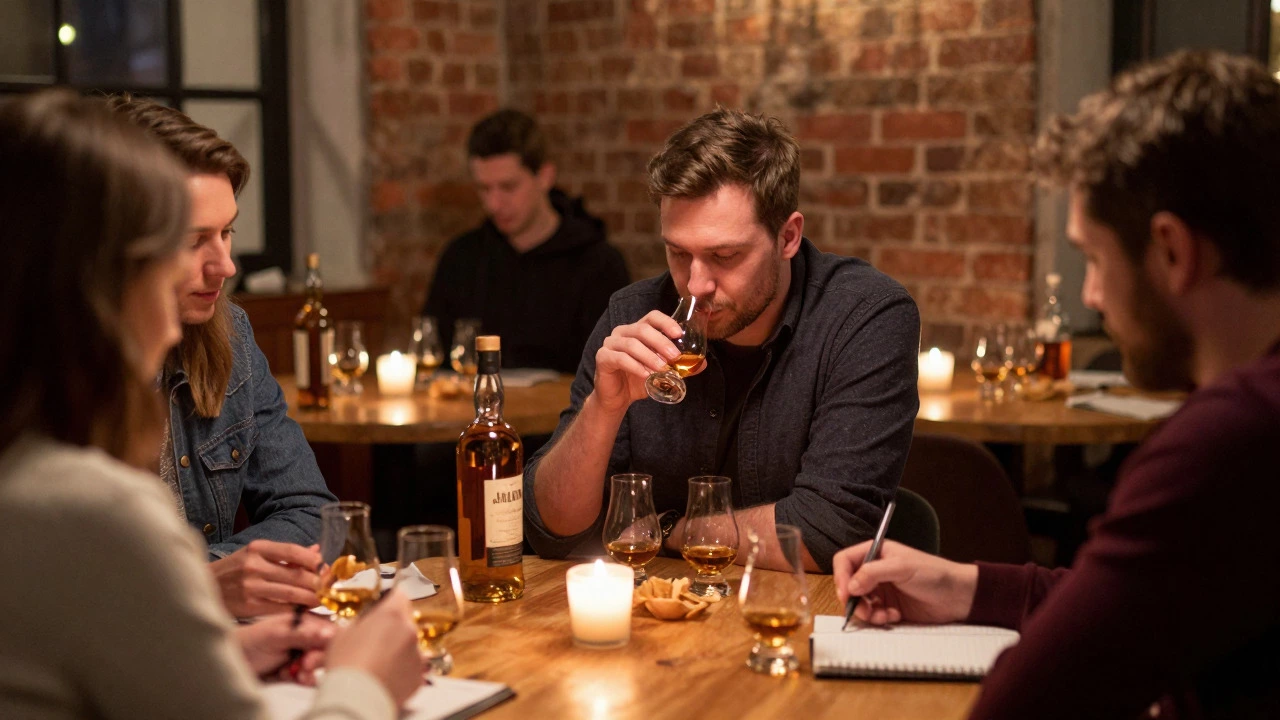 Group of friends discussing whiskey at a dimly lit tasting table