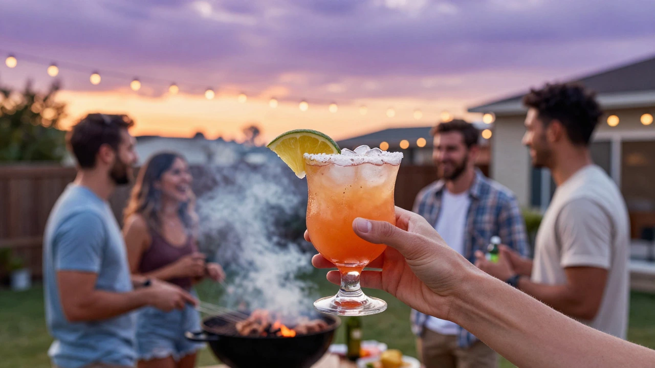 Hand holding a Dr. Funk cocktail at a sunny backyard barbecue party