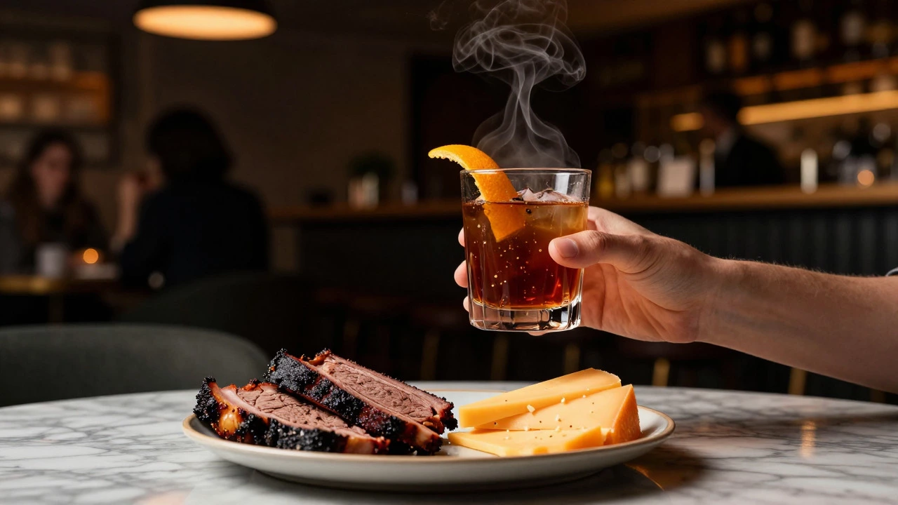 Hand holding spicy rum cocktail next to smoked meat in a dim lounge