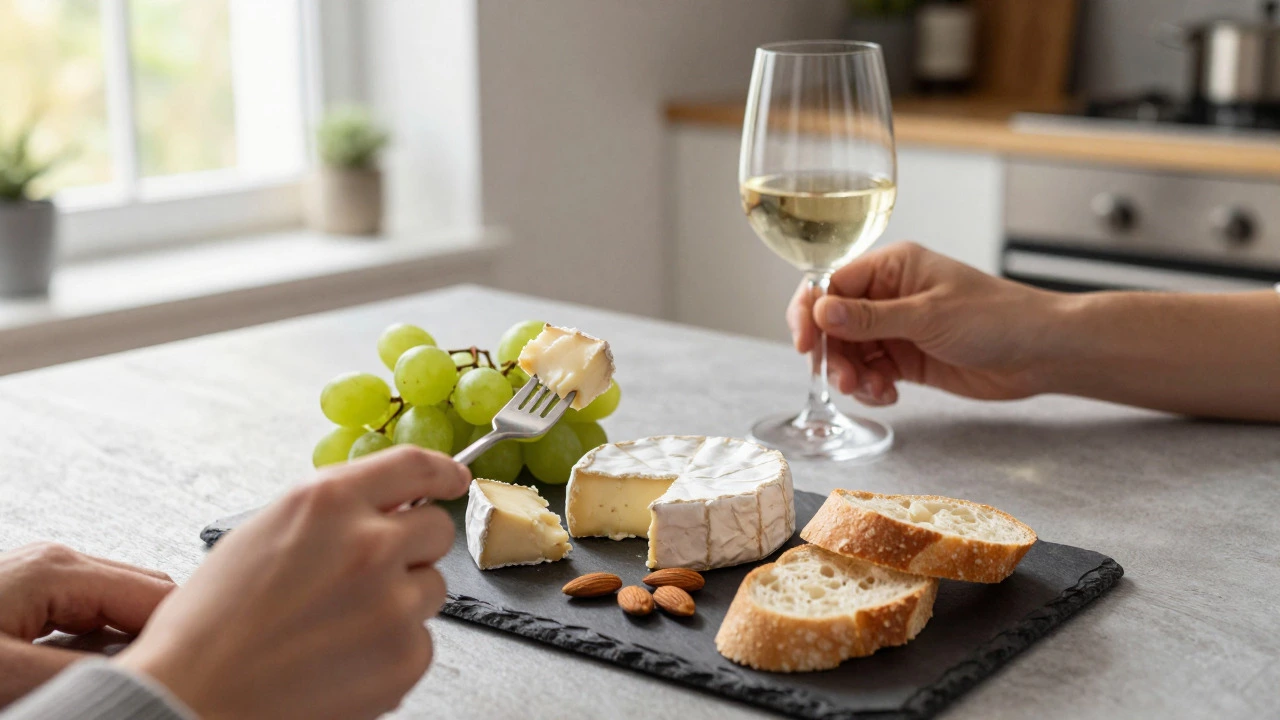 Hands holding cheese and wine over a simple board with grapes and bread