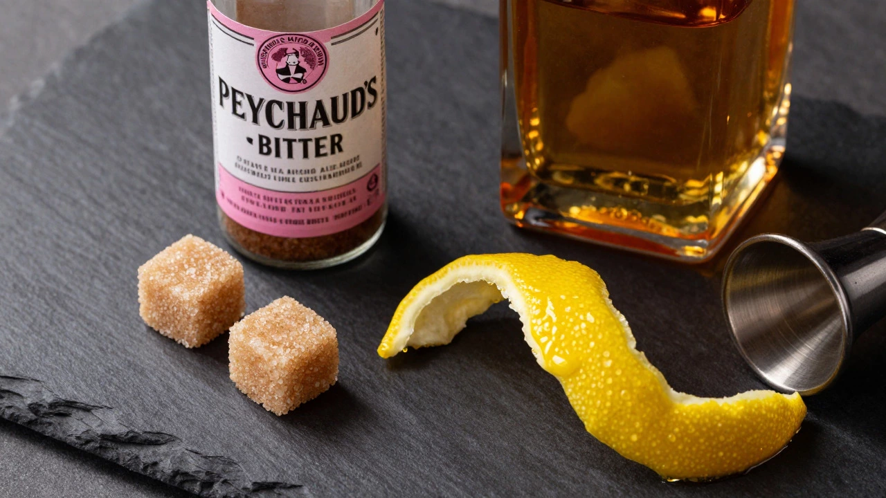 Ingredients for Tequila Sazerac: tequila, bitters, sugar, lemon