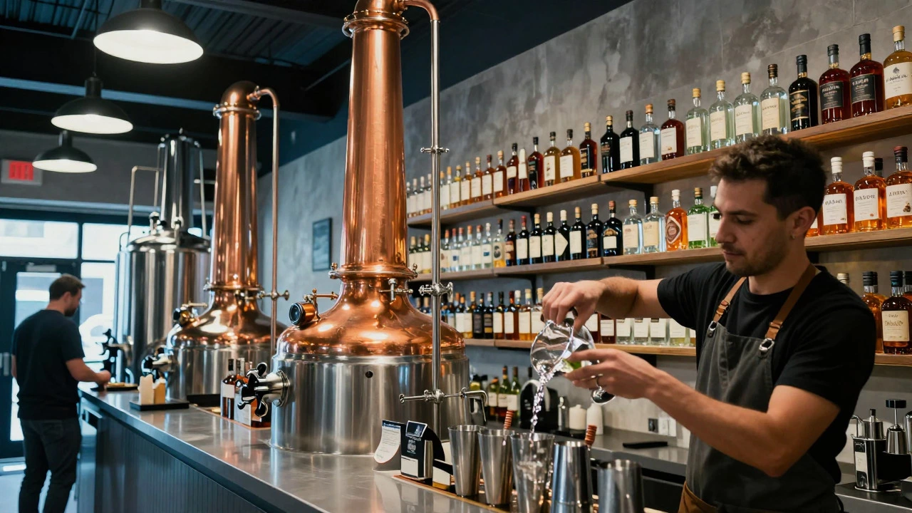 Interior of a modern craft gin distillery with copper stills and a bartender preparing a cocktail.