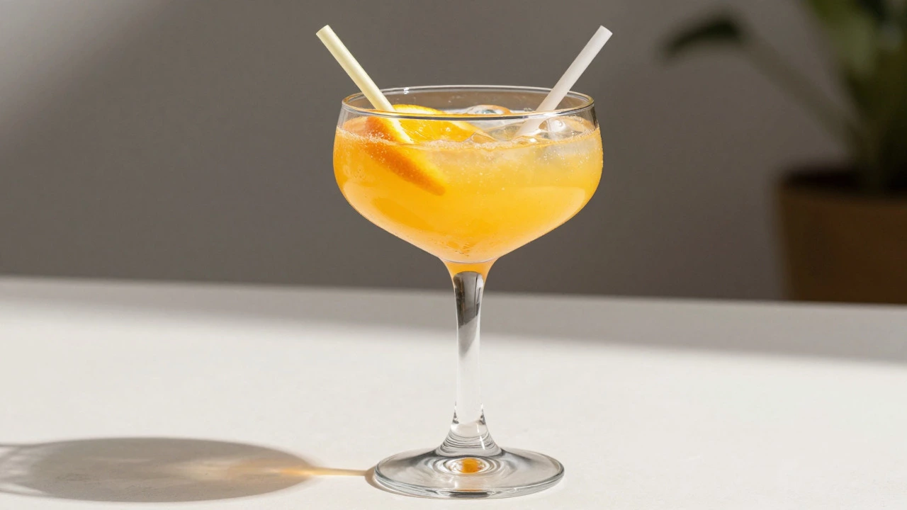 Layered mocktail with long and short straws showing distinct flavor levels