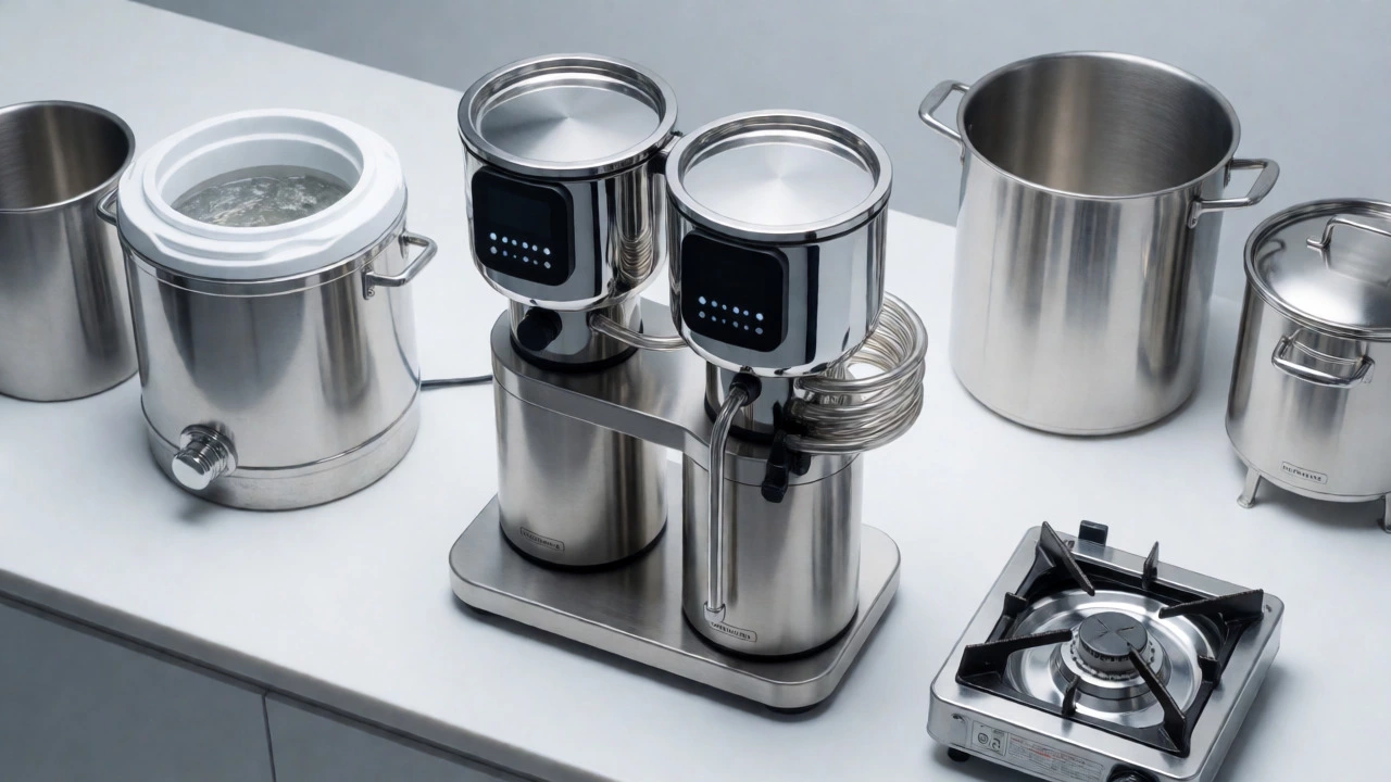 Modern electric brewing rig surrounded by modular manual brewing equipment on a counter.