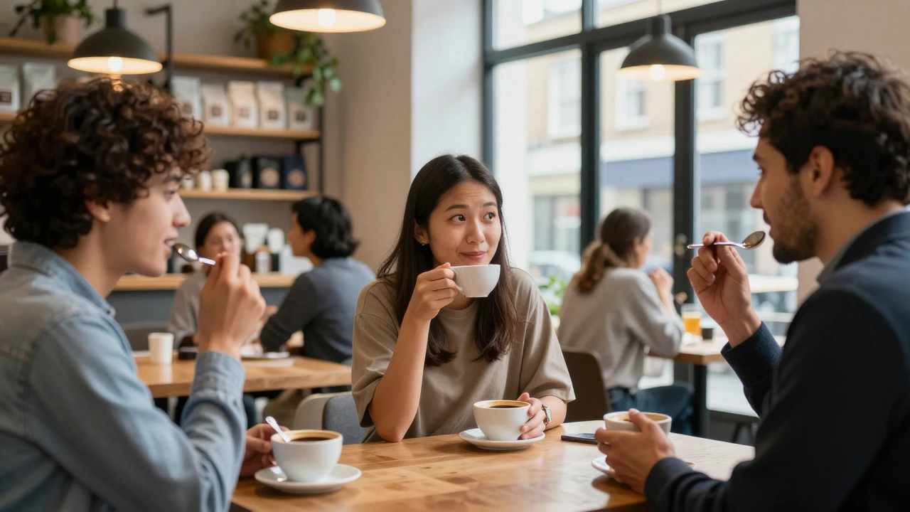 People enjoying a coffee tasting class at a cozy cafe table