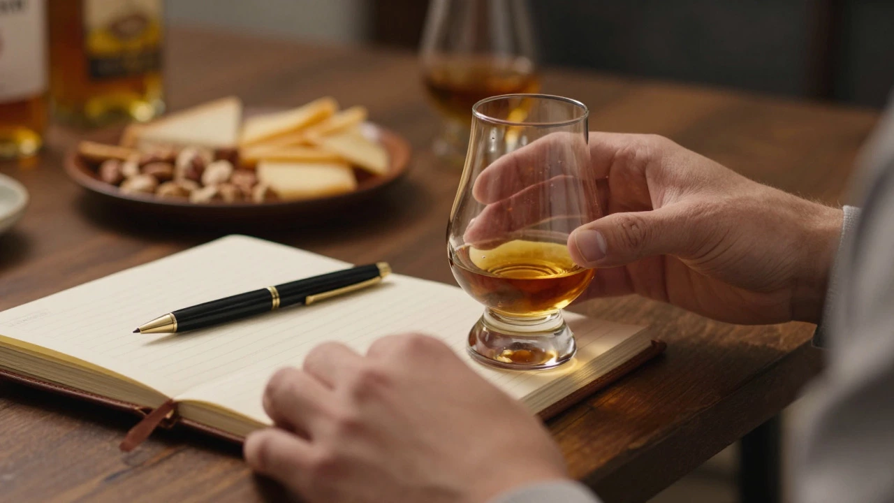 Person swirling bourbon in a cozy room with a tasting notebook nearby