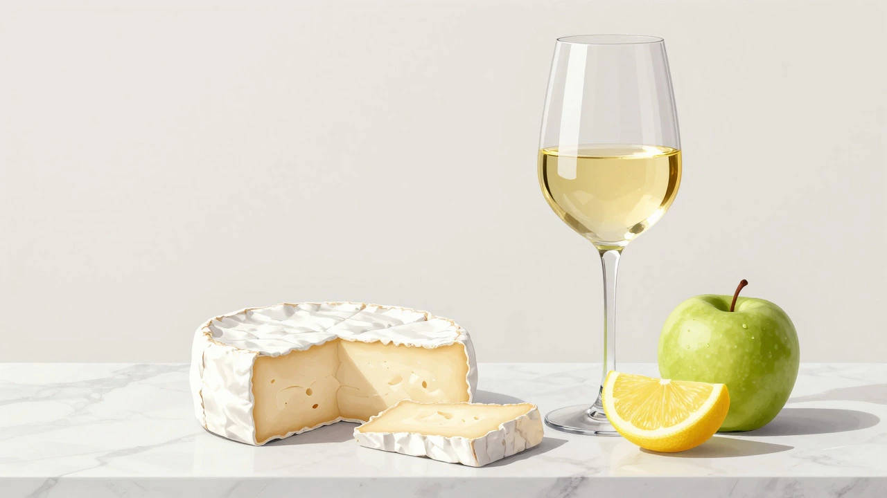 Sliced Brie cheese next to a glass of crisp white wine on a marble surface