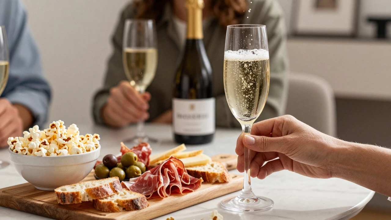 Sparkling wine toast with charcuterie board and popcorn