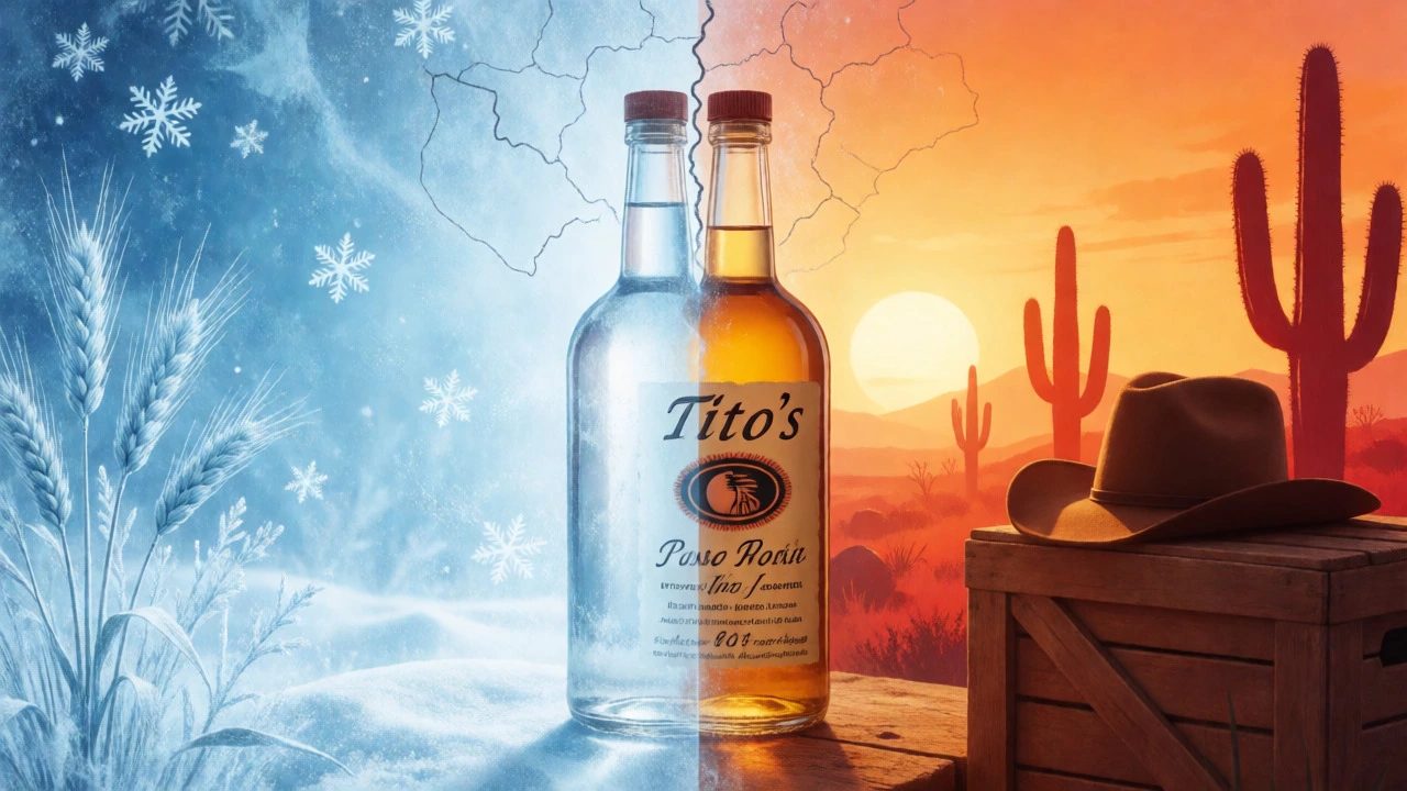Split image comparing icy Russian vodka themes with sunny Texas vibes