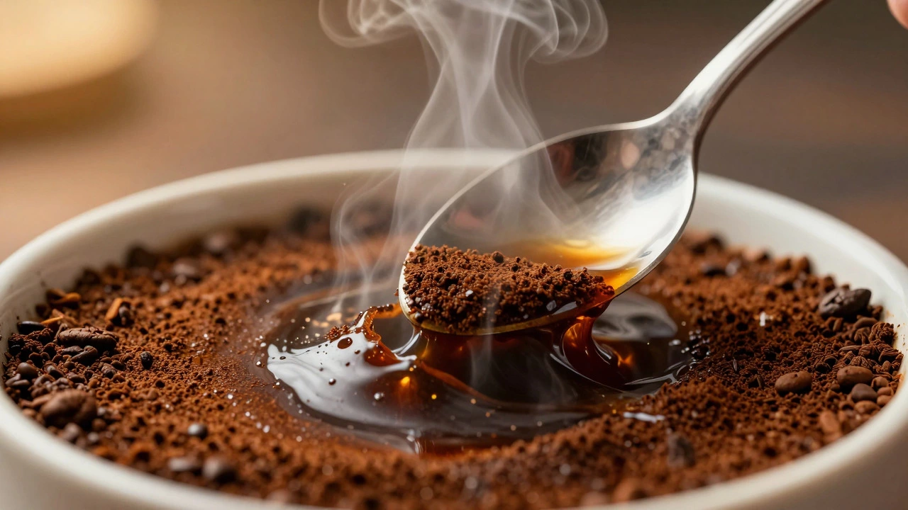 Spoon breaking the crust of steeped coffee releasing aromatic steam