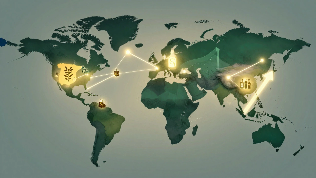 Stylized world map illustration showing global gin consumption trends and market growth regions.