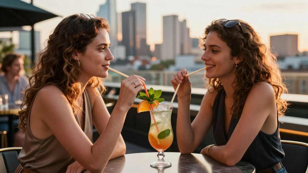 Two people sharing a large mocktail with dual straws at a bar