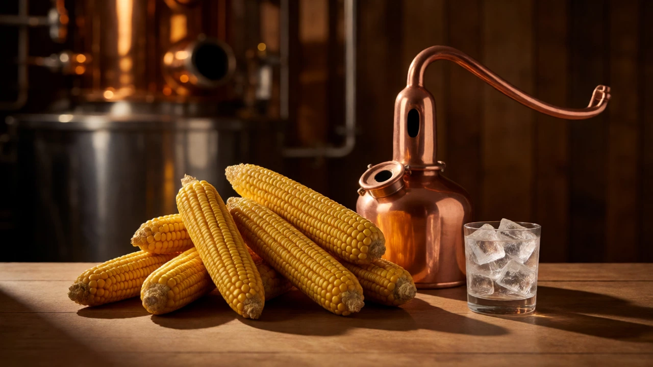 Yellow corn cobs and copper still parts in a distillery setting