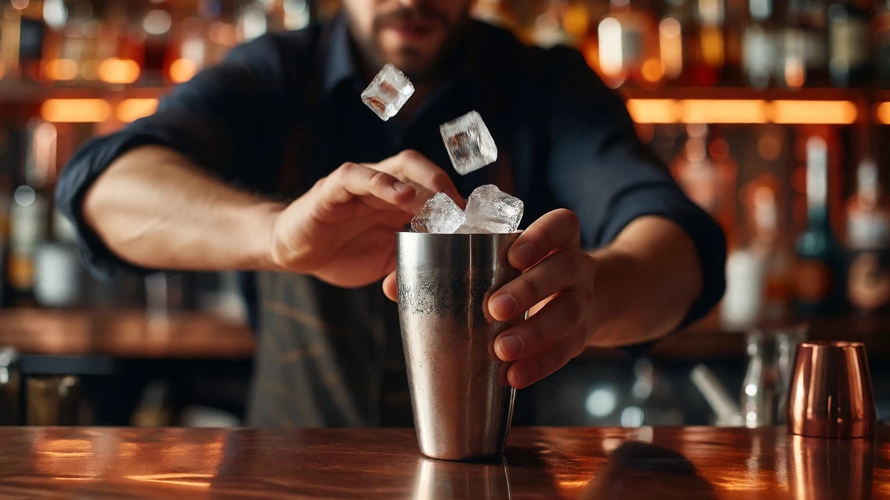Bartender vigorously dry shaking a cocktail shaker