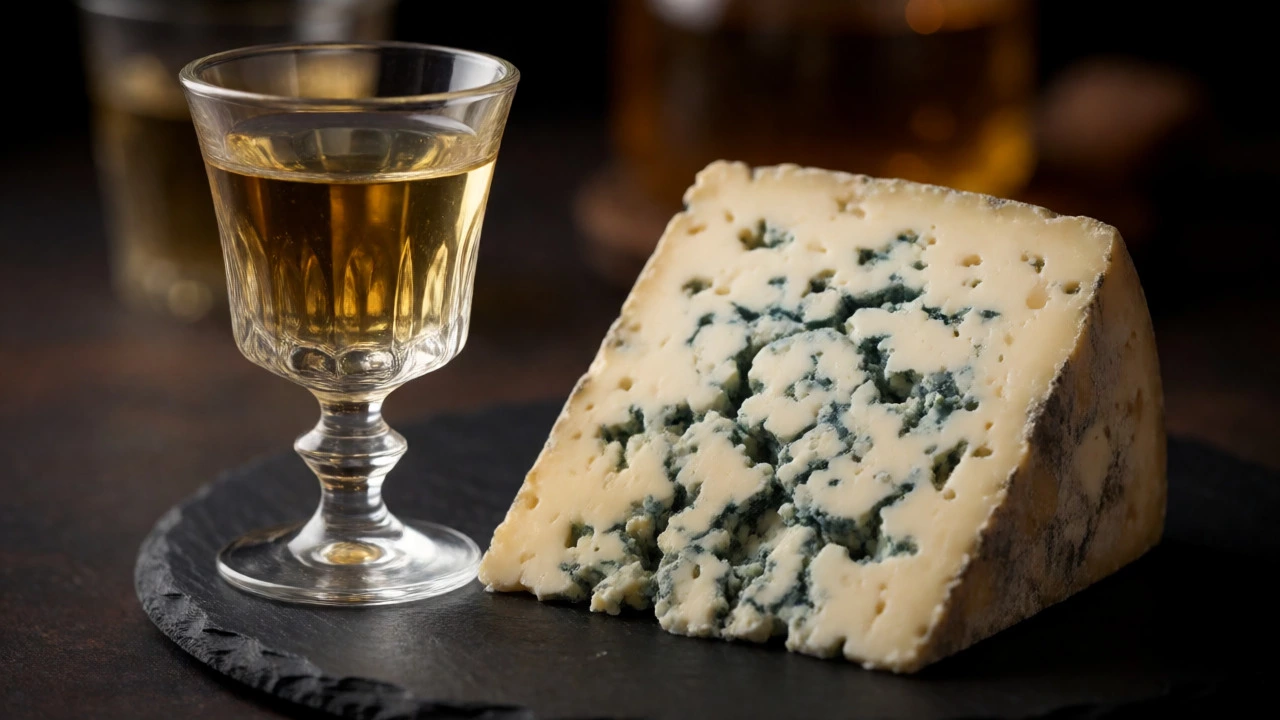Blue cheese wedge served with a glass of golden sweet dessert wine