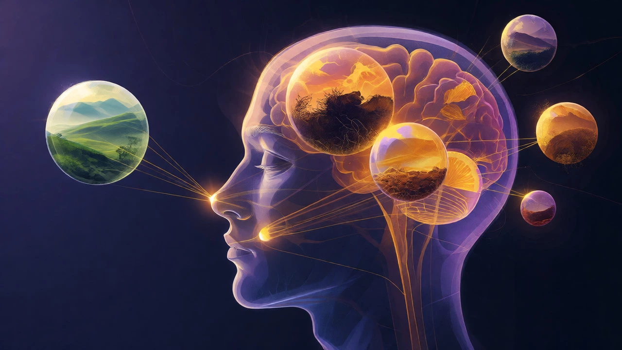 Conceptual art showing a head filled with glowing spheres representing tea flavors.