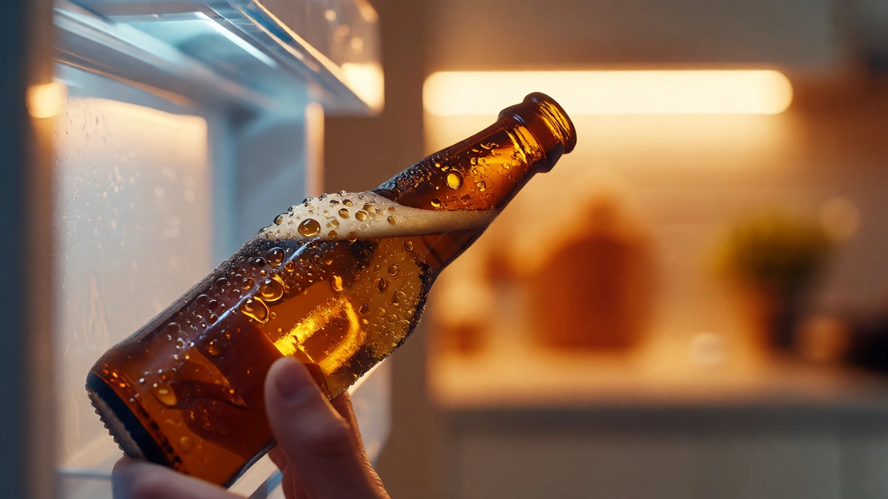 Condensation-covered beer bottle taken from a fridge, ready to be served.