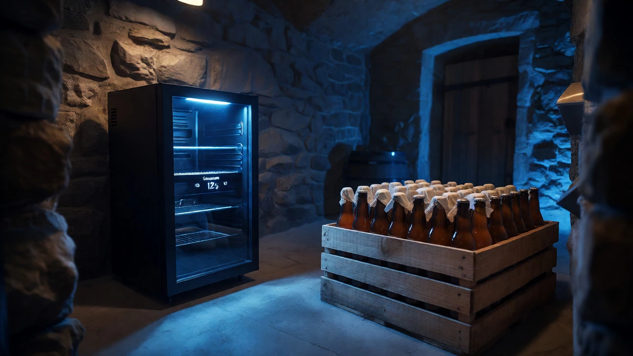 Cool cellar setup with a mini-fridge and crates of bottles stored in darkness.