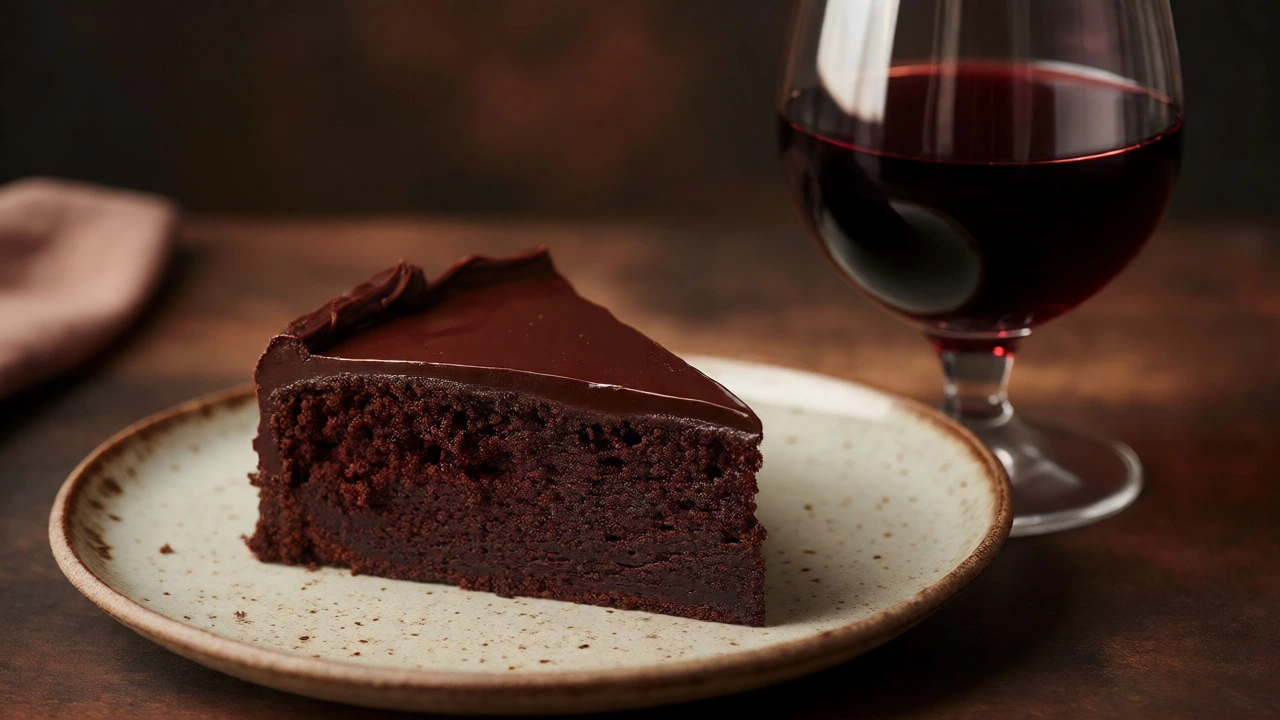 Dark chocolate cake paired with a glass of dry red wine, illustrating a bitter sweetness mismatch.