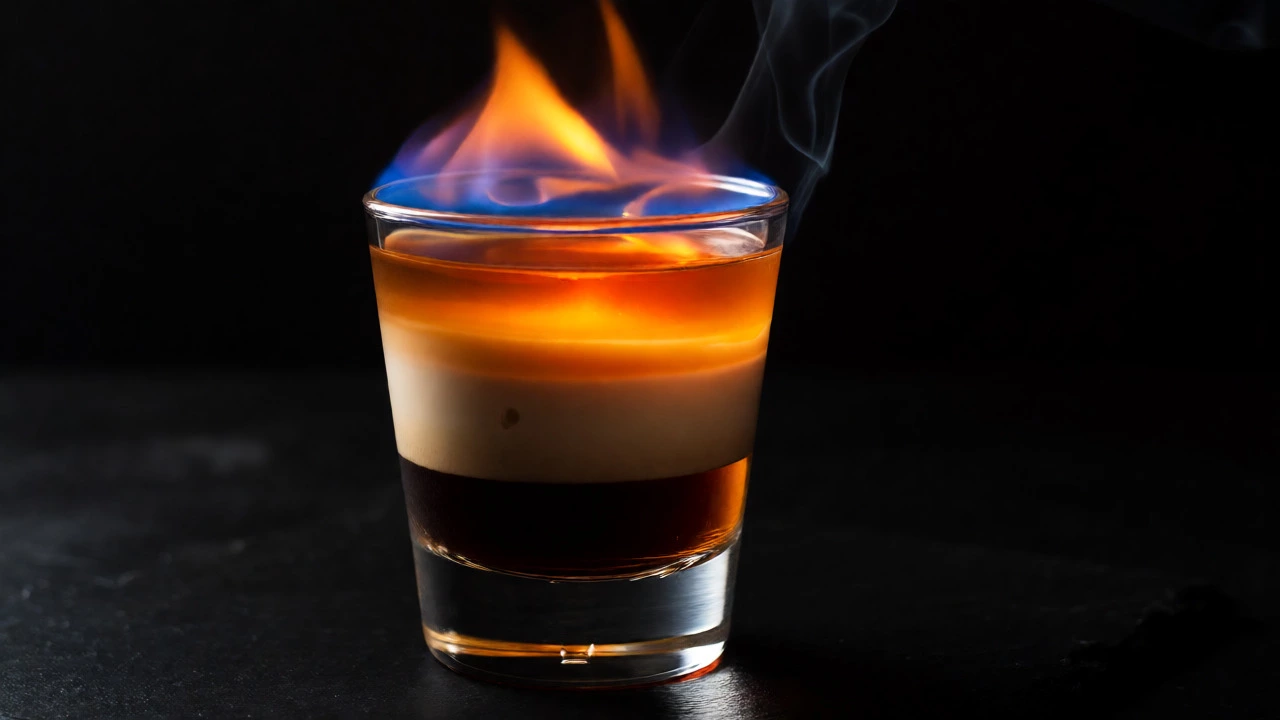 Flaming B-52 cocktail with three distinct layers illuminated by fire