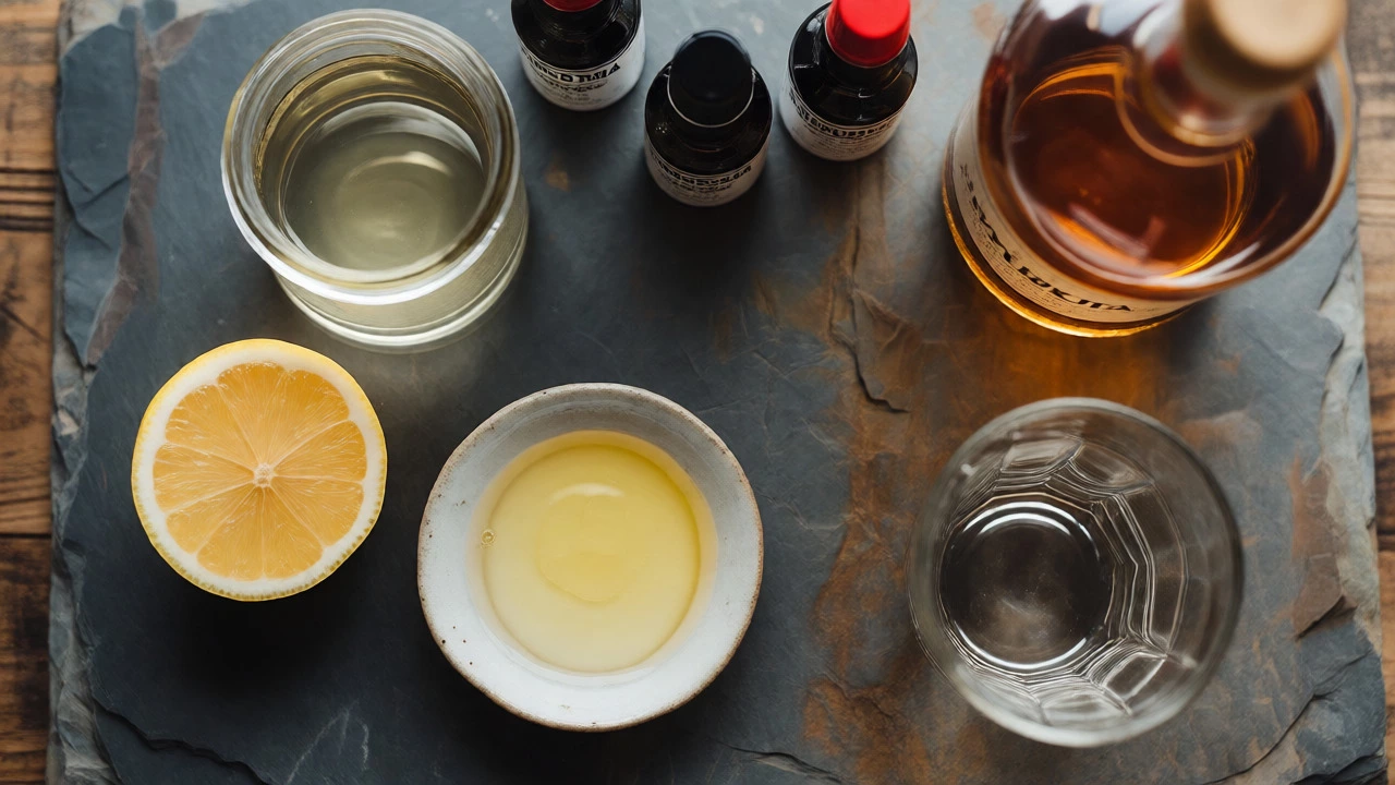 Flat lay of Chicago Sour ingredients including lemon and bourbon
