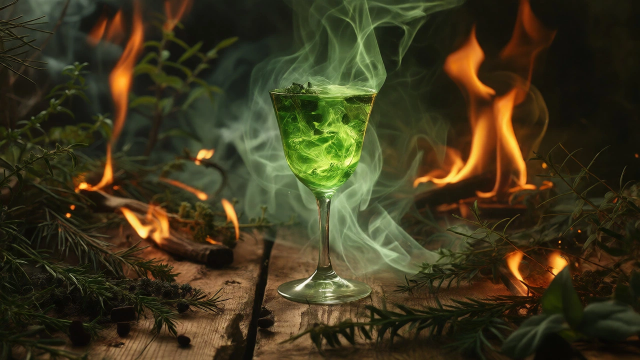 Glowing green cocktail surrounded by herbs and smoke