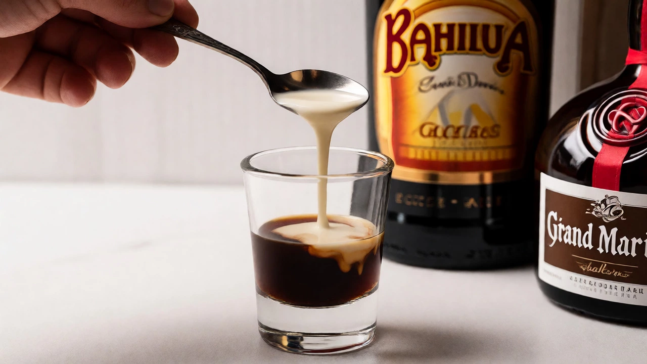 Hand pouring Irish cream over a spoon to create a B-52 cocktail layer
