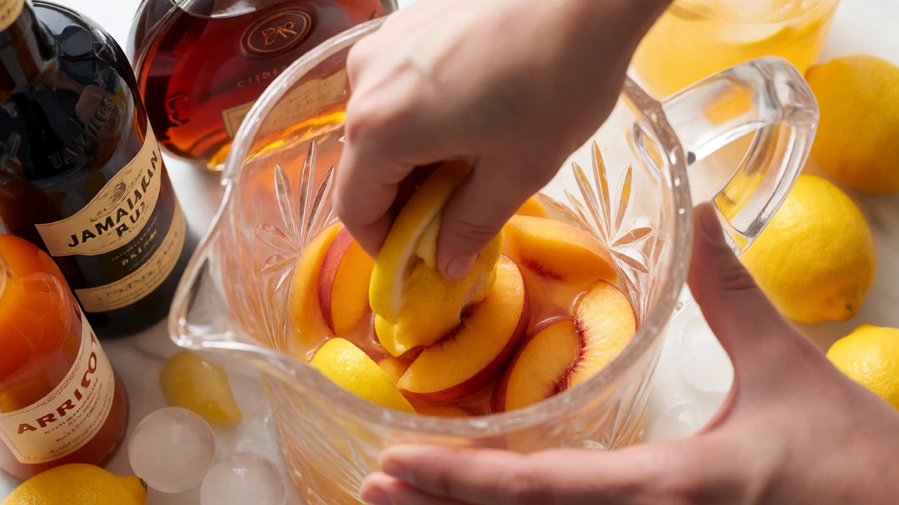 Hands muddling peaches and lemons for a fish house punch variation.