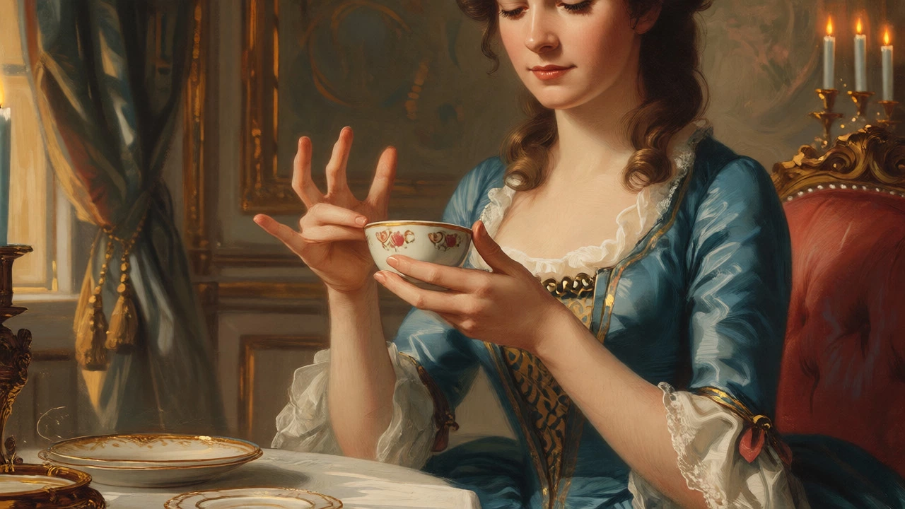Historical figure holding a handleless tea bowl with fingers lifted