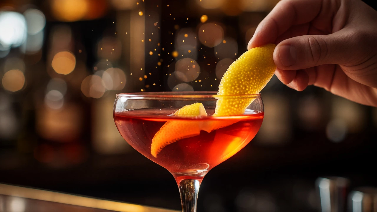 Lemon peel twist releasing oils over an orange campari cocktail