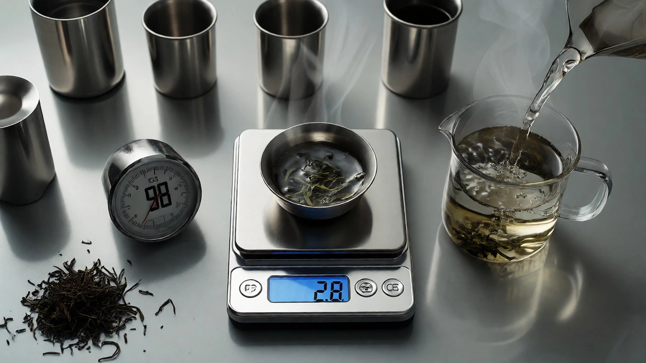 Macro shot of precise tea weighing and temperature measurement tools.