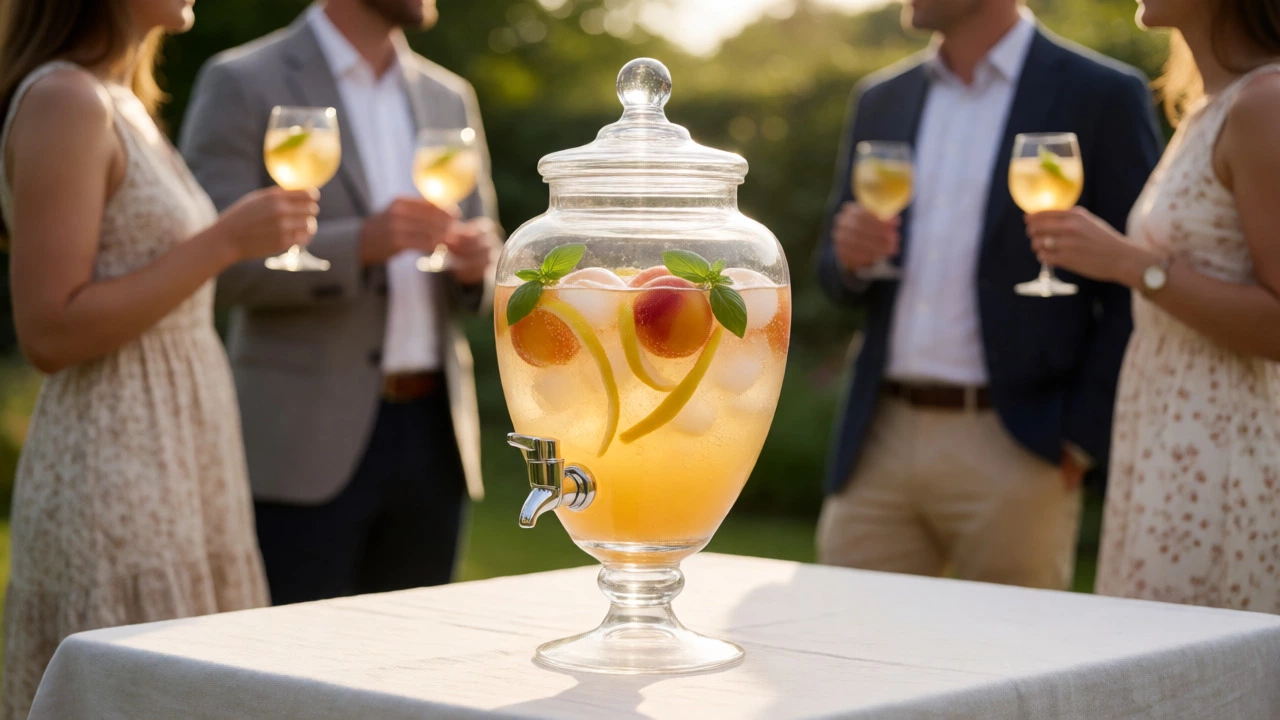 Outdoor party with a glass dispenser of sparkling fish house punch and peaches.