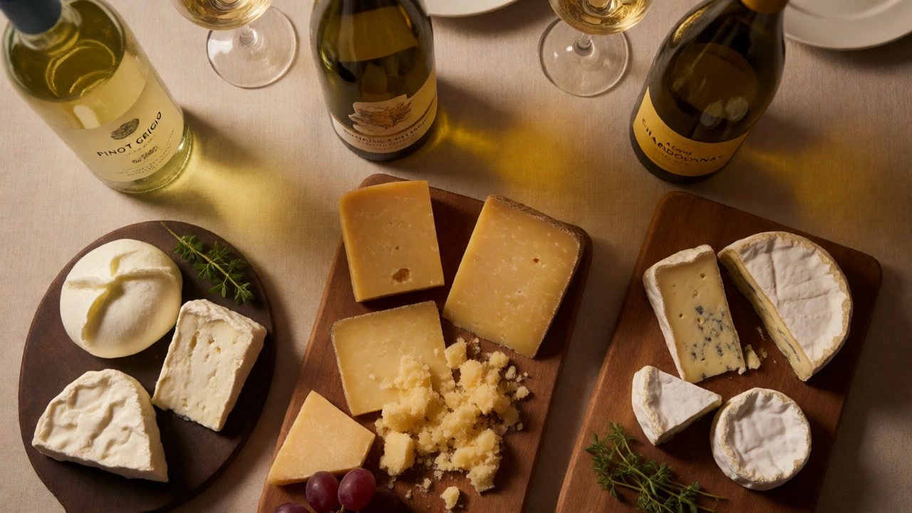 Overhead view of a cheese board with various white wine bottles and cheese types