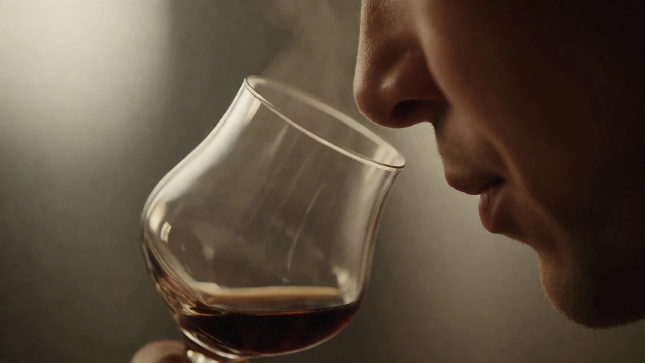 Person gently nosing a spirit from a distance to avoid alcohol burn