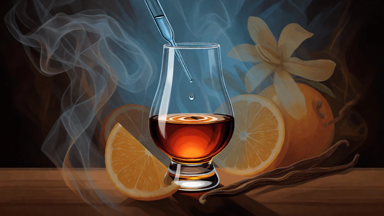 Pipette adding a drop of water to whisky to release aromas with abstract flavor visuals